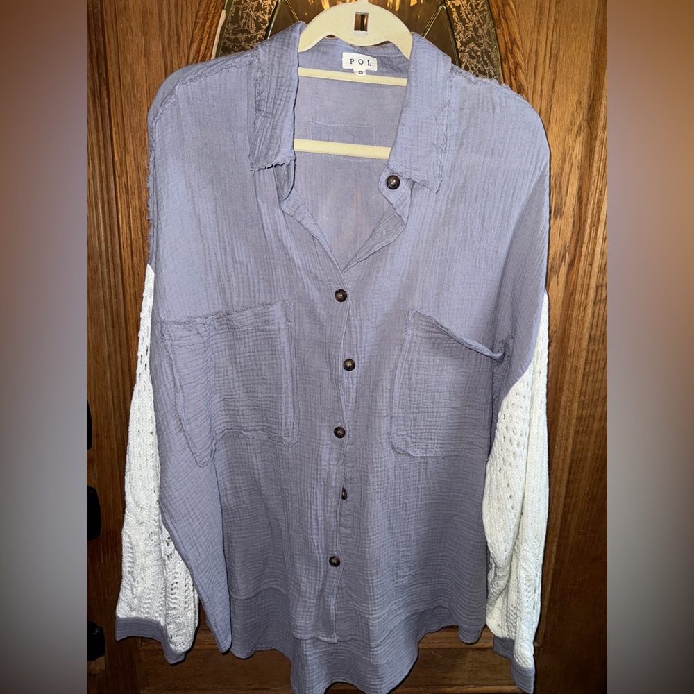 #486 POL Gray Gauze Button Down Shirt with beautiful white crocheted sleeves.